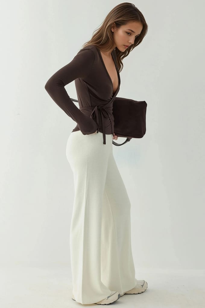 Zachte Touch Gebreide V-hals Lange Mouwen Viscose Blouse