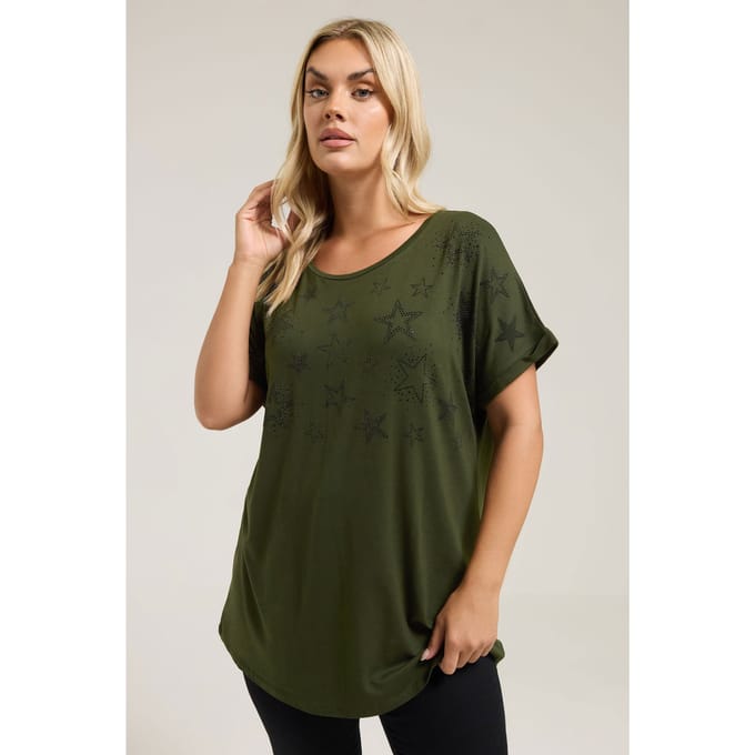 Yours Khaki Groen Sterrenprint Tshirt Met Aangeknipte Mouwen Size 50-52