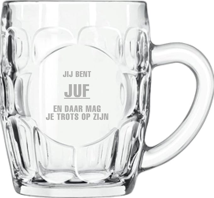 Gegraveerde Bierpul 55cl Jij bent Juf en daar mag je trots op zijn