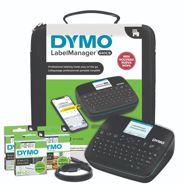 DYMO LabelManager Executive 640 CB draagbare labelprinterkit met draagtas en 3 labelcassettes | compacte QWERTY-labelmaker | Bluetooth- & USB-connectiviteit | compatibel met DYMO D1-labels