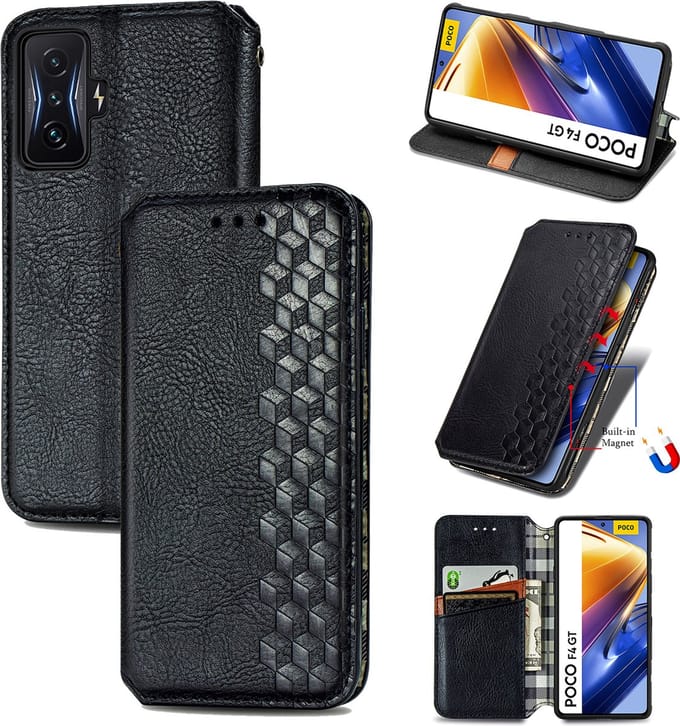 Luxe PU Lederen Ruitpatroon Wallet Case + Screenprotector voor Xiaomi Poco F4 GT _ Zwart