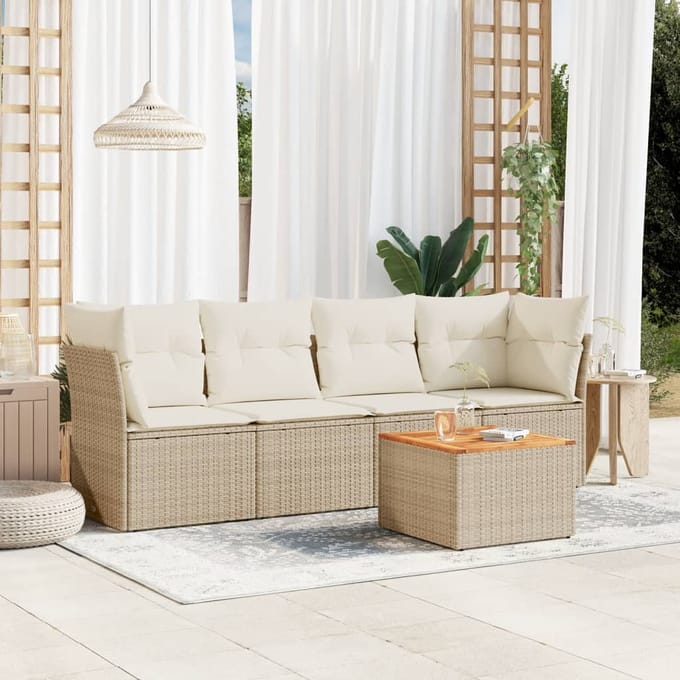 vidaXL - 5-delige - Loungeset - met - kussens - poly - rattan - beige