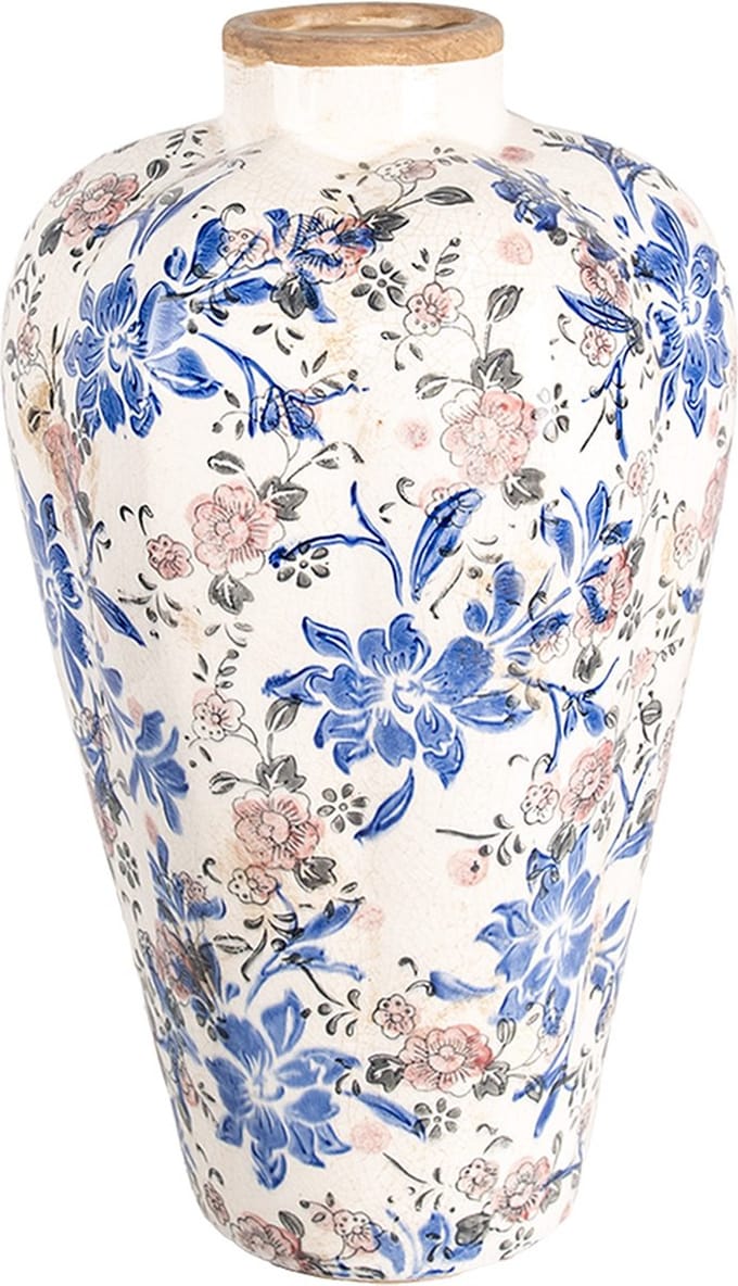 Clayre & Eef Vaas Ø 24x40 cm Beige Blauw Keramiek Bloemen