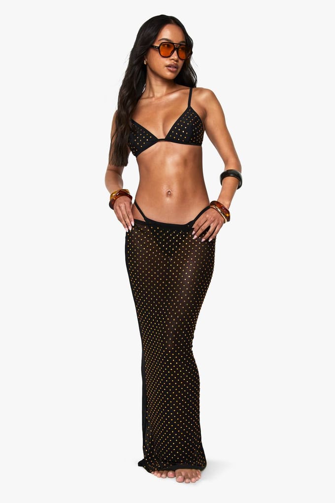 boohoo Dames Premium Swim Hot Fix Diamante Strandrok | Black | Maat: 14