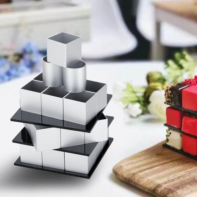 Moule à gâteau cube en métal 3D Rotation trois couches Mousse Gâteau Dessert Moule de cuisson Outil gray