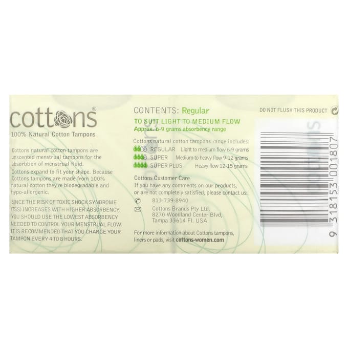 Cottons, 100% natuurlijke katoenen tampons, normaal, ongeparfumeerd, 16 tampons. beige