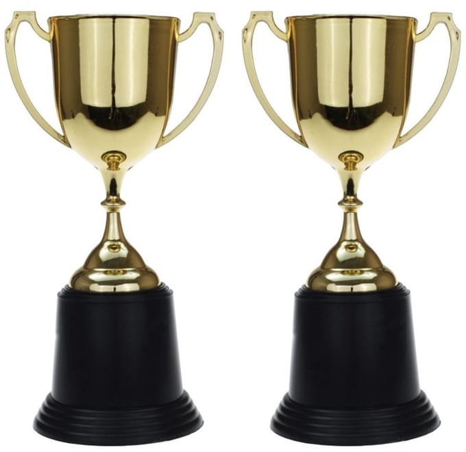 Gouden trofee/prijs beker met oren - 2x - 22 cm - met ruimte voor tekst - kunststof