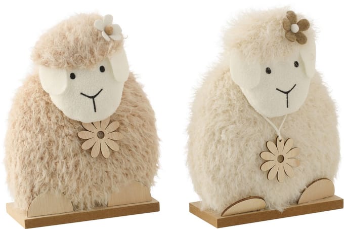 J-Line decoratie Schaap Bloem - polyester - wit/beige - small - set van 2