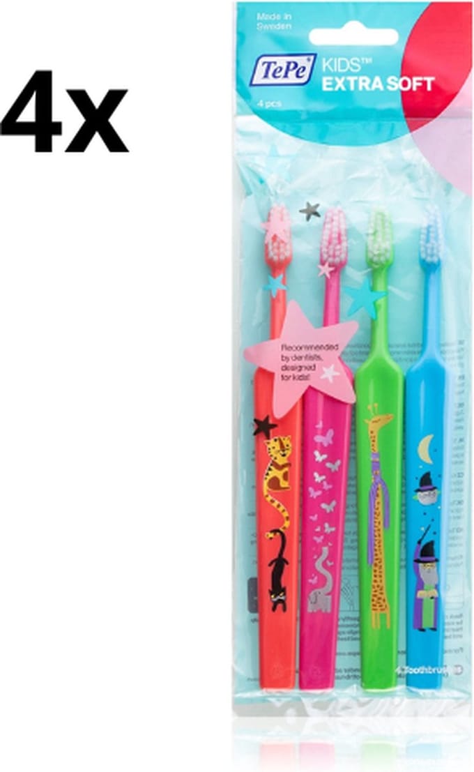 4x TePe Kids Extra Soft Tandenborstel 4-pack - Voordeelverpakking