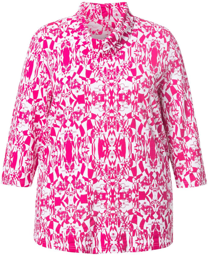 Ulla Popken - Dames - Shirt katten classic watervalkraag 3/4-arm - Donkermauve - Maat 62+