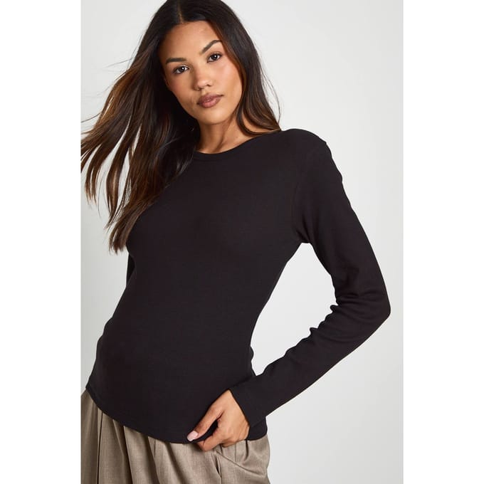 boohoo Dames Zwangerschaps Basic Rib Lange Mouw Longline Aansluitend Top | Zwart | Maat: 36