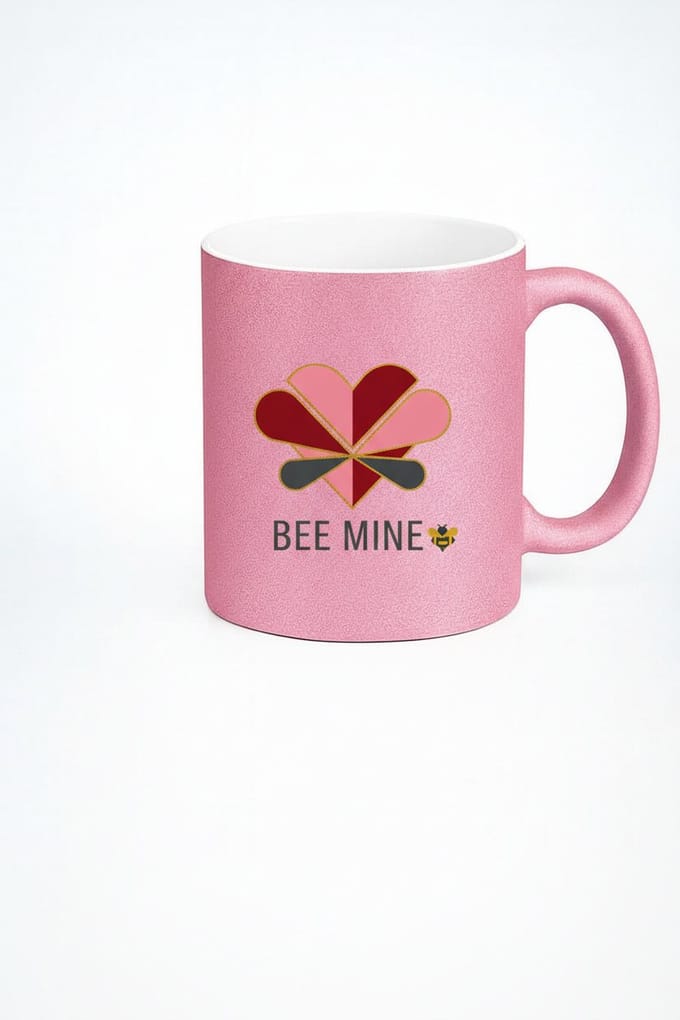 Roze Glitter Valentijn Mok "Bee Mine" met Hart & Bij Design - Liefde Cadeau Beker