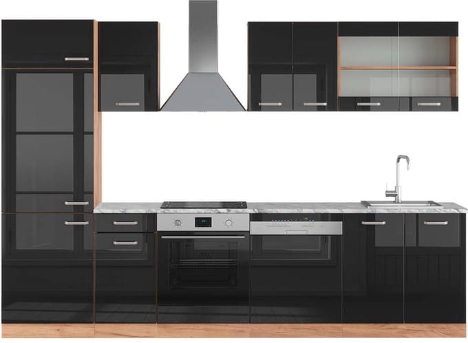 Vicco R-Line Complete keukeneenheid – 300 cm, WB Marmer Eiken hoogglans zwart/goud