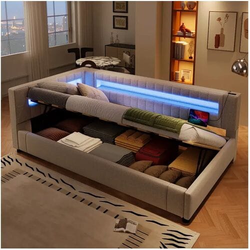 Merax Gestoffeerd opbergbed - 90 x 200 cm - met LED's + USB + Type-C + hydraulische opbergruimte - linnen + MDF - beige