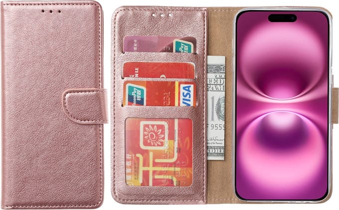 Hoesje Geschikt voor iPhone 16 – Arara bookcase met pasjeshouder - Rosegoud