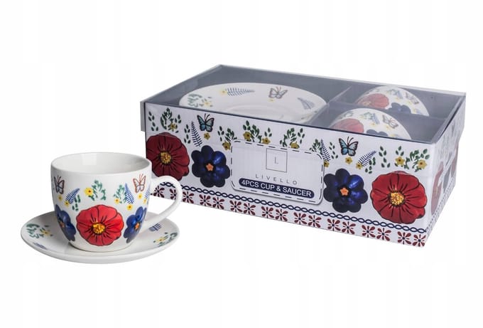 Set van 2 Mokken met Schotels, 250ml, Bloemendesign, Cadeauset