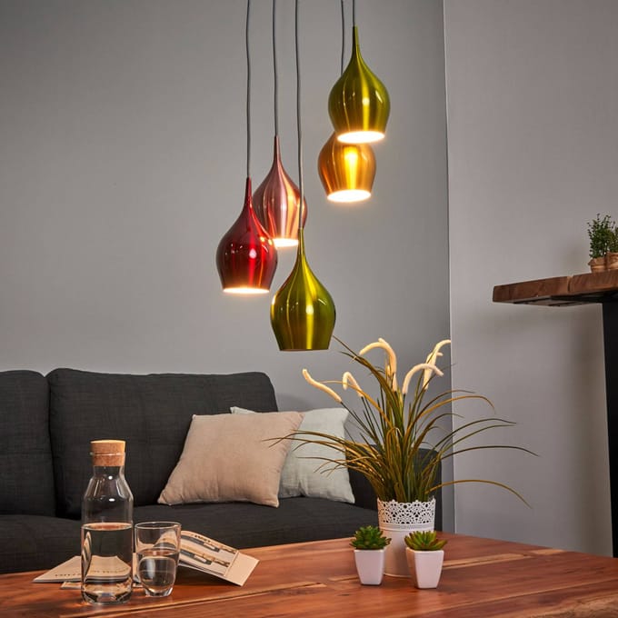Searchlight Vibrant - hanglamp m. kleurige schermen 5 lichtbr.