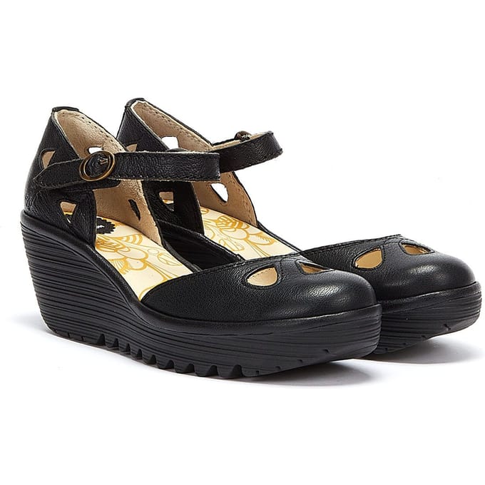 Fly London Yuna Leren Wedge Sandalen - (Zwart)