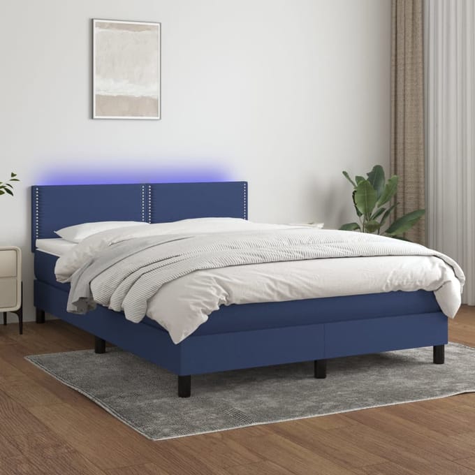 vidaXL - Boxspring - met - matras - en - LED - stof - blauw - 140x200 - cm