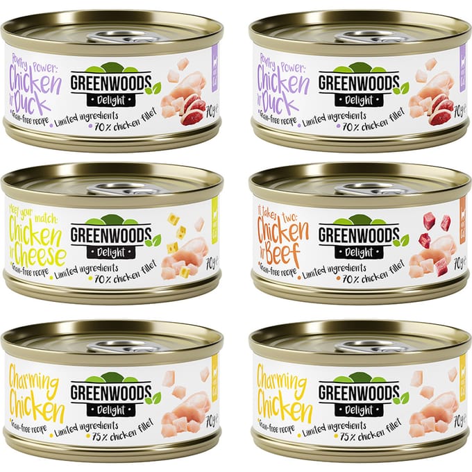6x70g Kip (4 Smaken) Greenwoods Delight Kattenvoer
