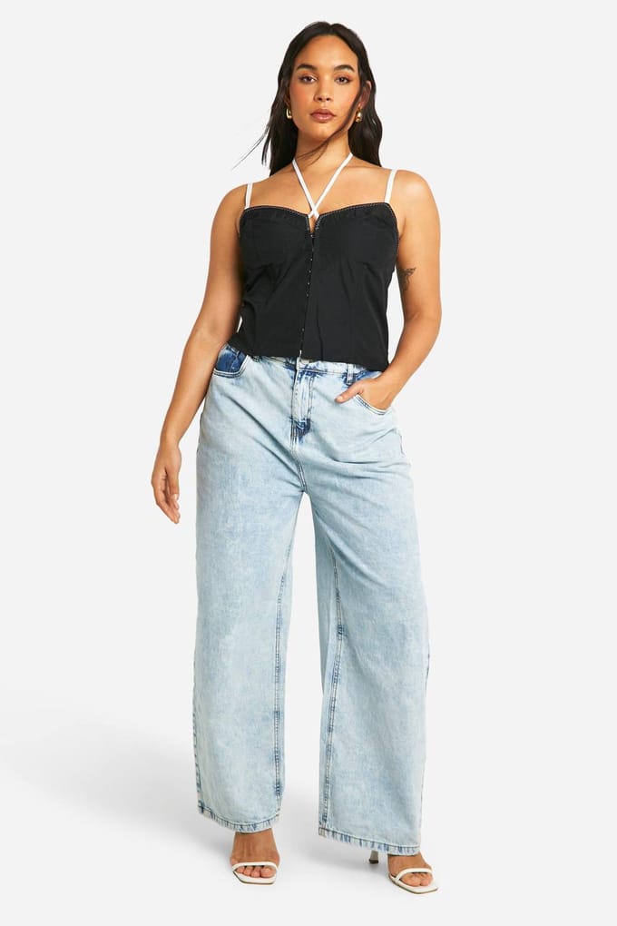 boohoo Dames Plus Contrast Stitch Lace Strappy Corset | Zwart | Maat: 56