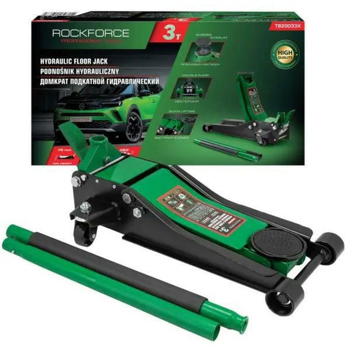 Rockforce RF-T820033X - Hydraulische Krik - 3T - Lage Profiel - 75-465 mm - Met Pedaal