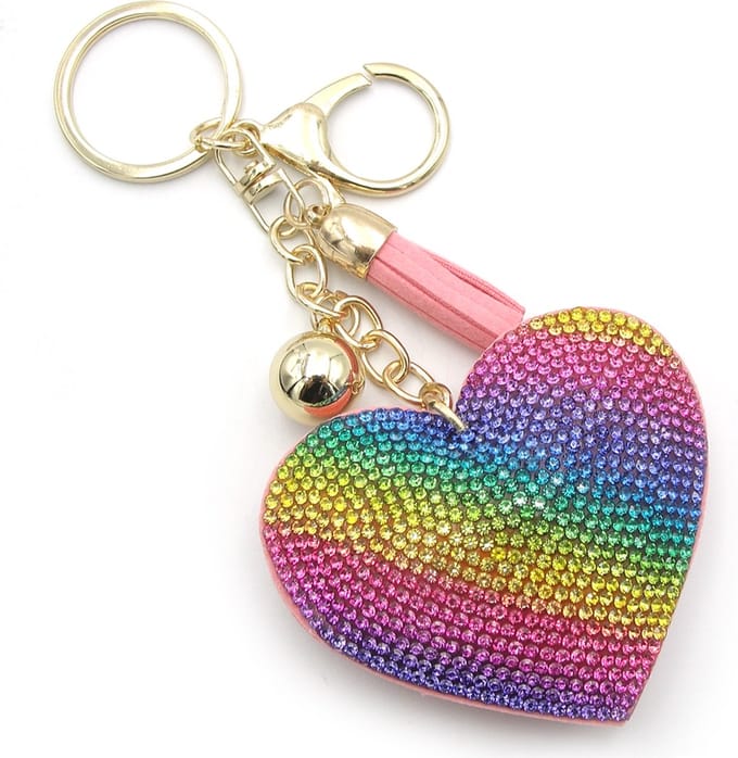 Sleutelhanger Tashanger met groot multicolor regenboog hart met strass
