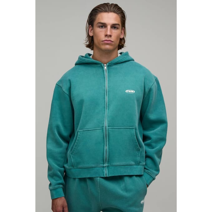 Oversized Heren Sport Washed Ritssluiting Hoodie | Washed Teal | Size Medium