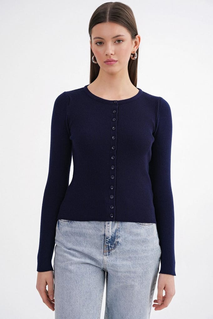 Geknoopte Slim Fit Geribbelde Brei Cardigan