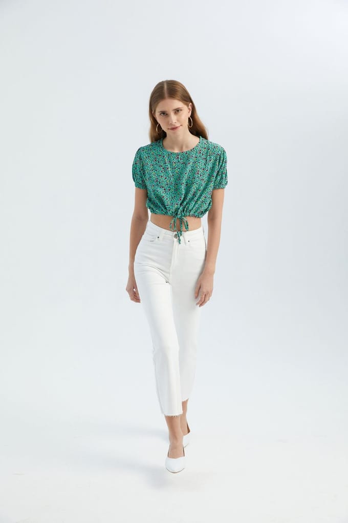 Bloemige Ronde Hals Trekkoord Crop Top