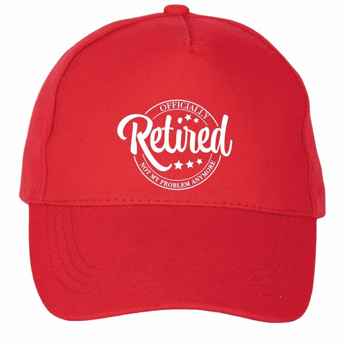Mijncadeautje - 5 panel - Cap - Verstelbaar - Pet van 100% dik geborsteld katoen- unisex - opdruk wit - Officially Retired - rood