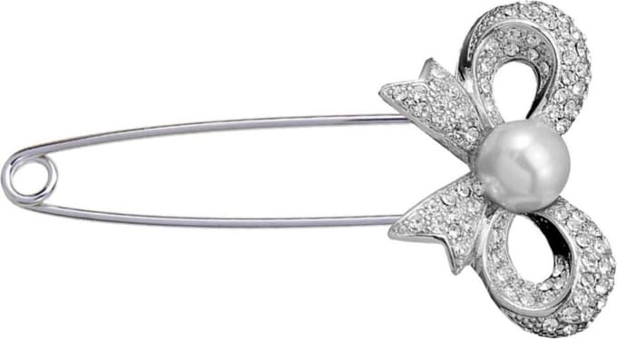 Fako Bijoux® - Sierspeld / Sjaalspeld - Strik Met Parel - 84mm - Zilverkleurig