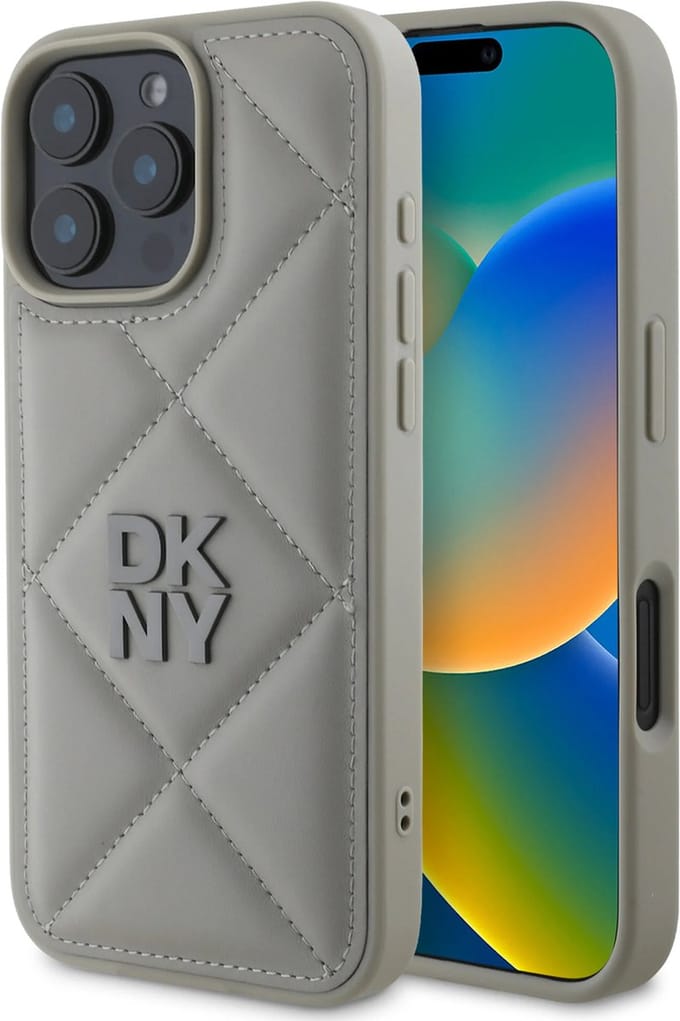 DKNY - iPhone 16 Pro - Backcover hoesje PU Leather Quilted Stack Logo – Grijs