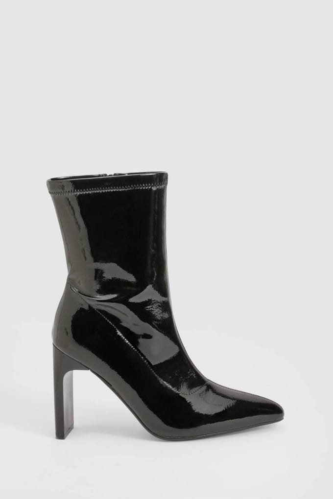 boohoo Dames Gestructureerde Lakleren Platte Hak Enkellaarzen | Black | Maat: 8