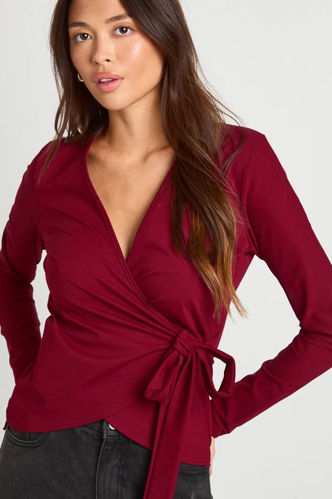 boohoo Dames Wikkel Voorzijde Strik Taille Top | Red | Maat: 8