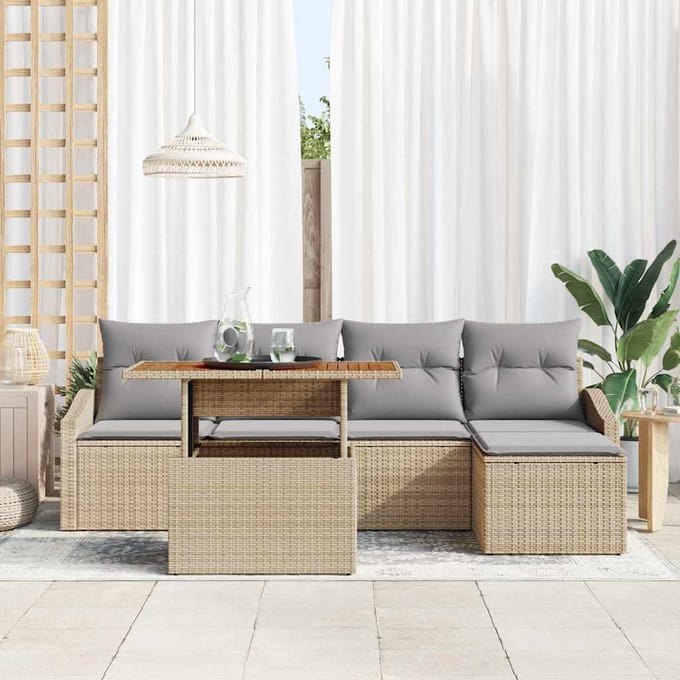 vidaXL Tuin Eettafel Set met kussen 6 pcs Beige en Grijs
