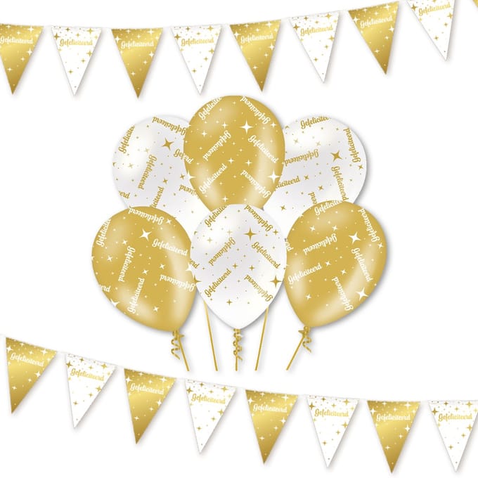Q2P - Gefeliciteerd - Slingers - Ballonnen - Wit & Goud Set - Verjaardag Versiering - Helium Ballon
