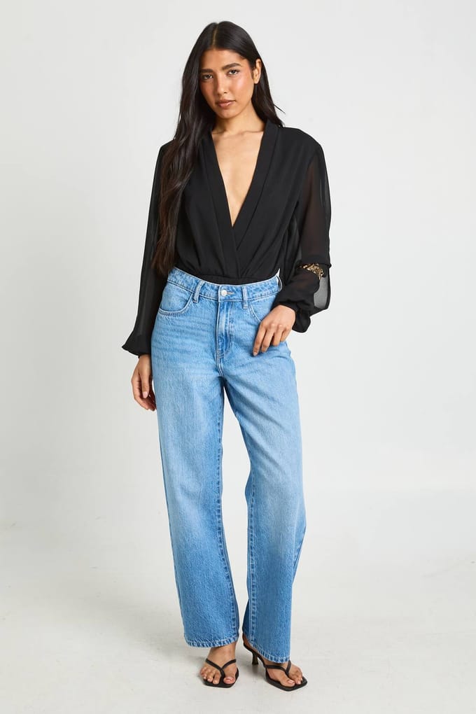 boohoo Dames Tall Wikkel Chiffon Mouw Bodysuit | Zwart | Maat: 38