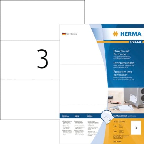 Herma etik. met perforat. 210x99 100 vel DIN A4 300 stuks 4664