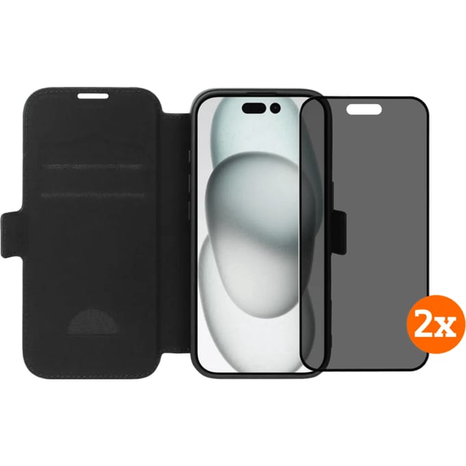 BlueBuilt Apple iPhone 16 Book Case Leer Zwart + Privacy Screenprotector Glas Duo Pack