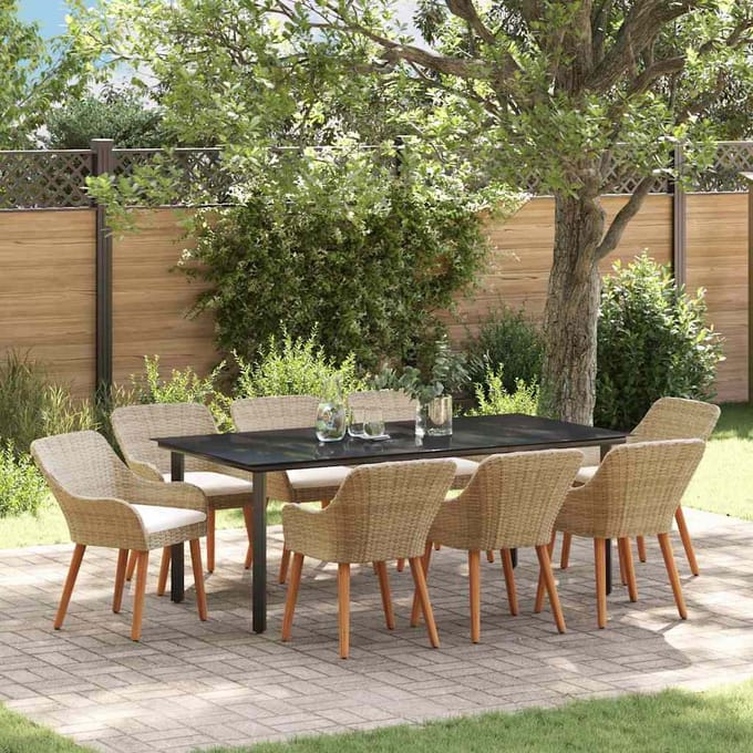 vidaXL - Tuin - Eettafel - Set - 9 - st - Beige - poly - rattan