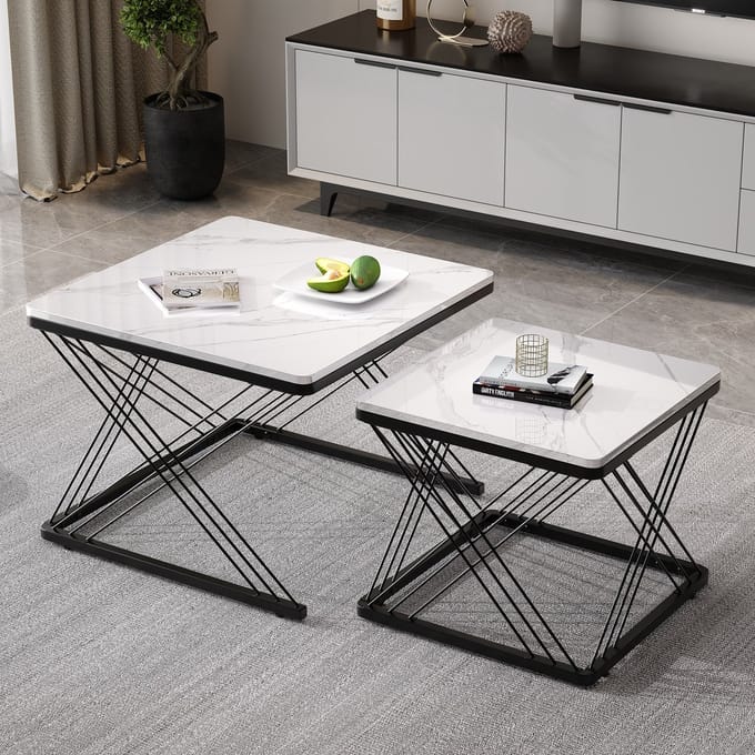 Sweiko Salontafel - Set van 2 - Vierkant - Hoogglans - Marmerlook - Combo salontafel
