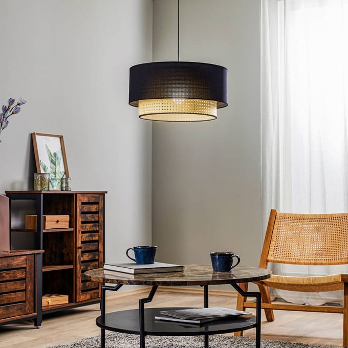 Duolla Boho-hanglamp, zwart/hout, Ø 45 cm, textiel/rotan