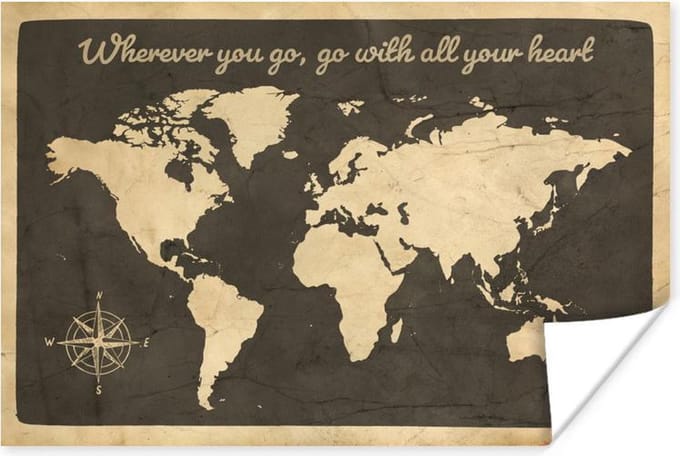 Poster Wereldkaart - Kompasroos - Quote - 30x20 cm