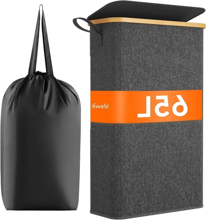 Wasmand met Deksel - Wasbox met Frame - Ruimte Besparen - Uitneembare Binnenzak - 65 Liter - Donkergrijs