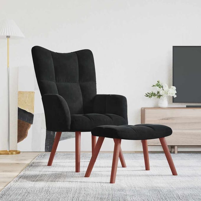 vidaXL - Relaxstoel - met - voetenbank - fluweel - zwart