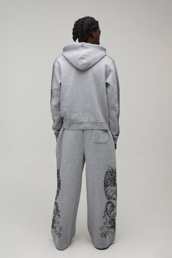 Extreme Wijde Pijpen Joggingbroek Met Drakenprint | Grey Marl | Size Medium
