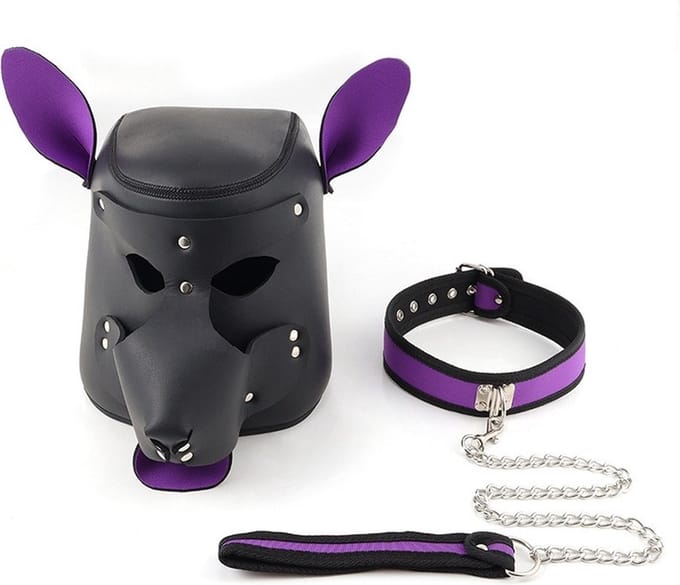 PU leren muizenmasker met halsband - paars