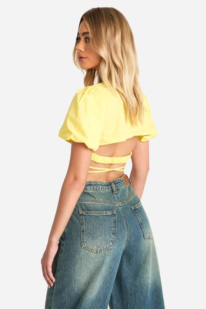 boohoo Dames Puff Sleeve Knot Front Crop Top | Citroen | Maat: 38
