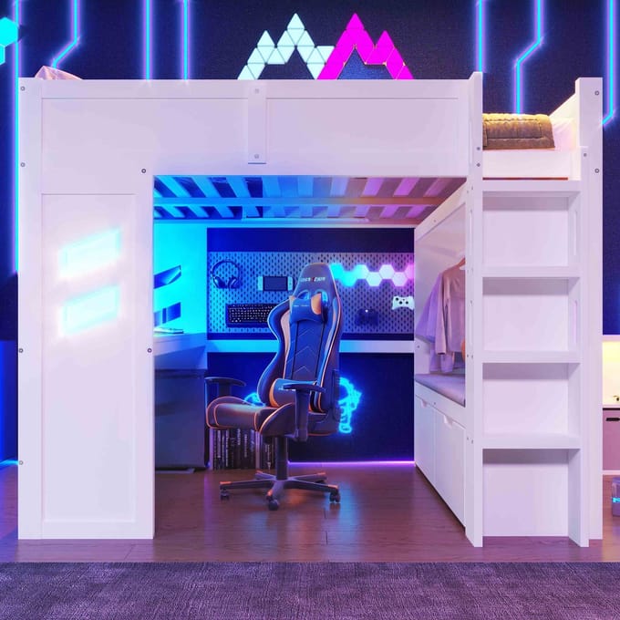 Hoogslaper - 140x200 cm - Met Bureau En LED En USB En Type-C En Lade - Metaal - Wit